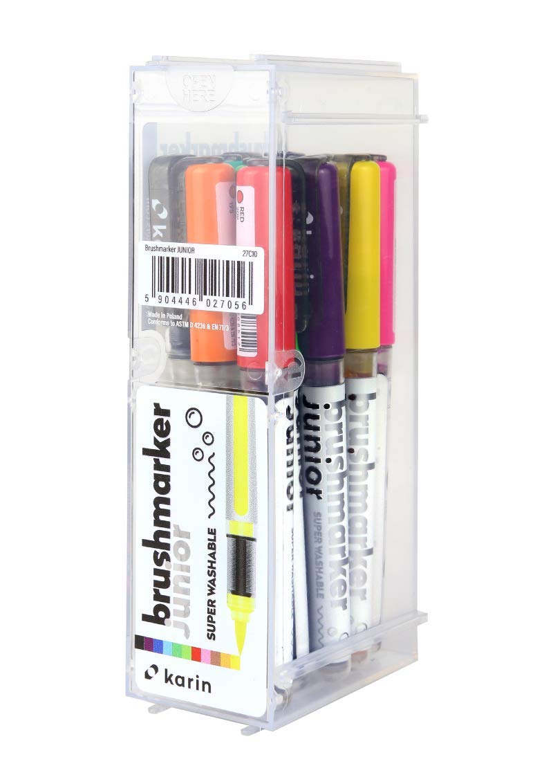 Karin Brushmarker PRO Junior 12pc Set - Safe, Super Washable Markers with 11 Vibrant Colors + Blender â€“ Brush Tip Markers for Kids and Adults - 12 Water-based Brush Markers - for Budding Artists - Image 4